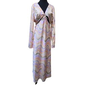 Topshop Maxi Dress Multi Color Cut Out Satin Long Sleeve Wave Print Retro‎ Sz 14